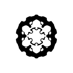 Symmetrical black and white flower-like figure resembling a gear or snowflake with a simplified, organic, radial design against a white background.