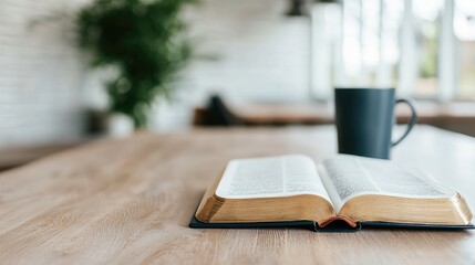 Open Bible and Coffee on Wooden Table