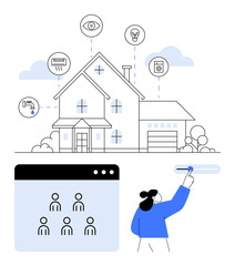 House connected to IoT devices thumbs up cameras, lighting, and appliances with a person using a touchscreen interface. Ideal for smart homes, IoT, automation, energy management, user interfaces