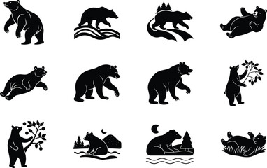 Twelve Black Bear Silhouettes Wildlife, Nature, Icons, Designs