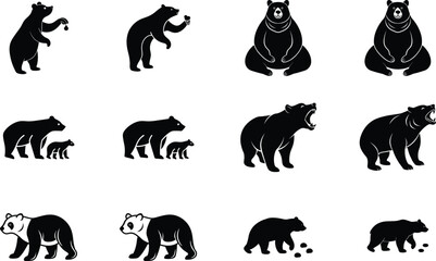 Black Bear Silhouettes Cubs, Parents, Panda, Sitting, Roaring