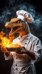 A reptilian chef flambes a dish, showcasing culinary skills and a unique perspective on gastronomy.