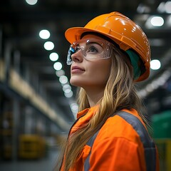 A blonde woman is wearing safety helmet and glasses