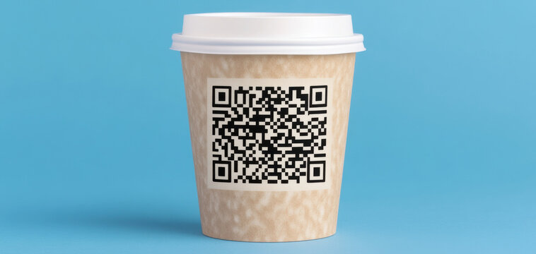 coffee cup with QR code on blue background, symbolizing modern convenience and technology. This captures essence of digital interaction in everyday life .payments and smart ordering in coffee shops - Powered by Adobe