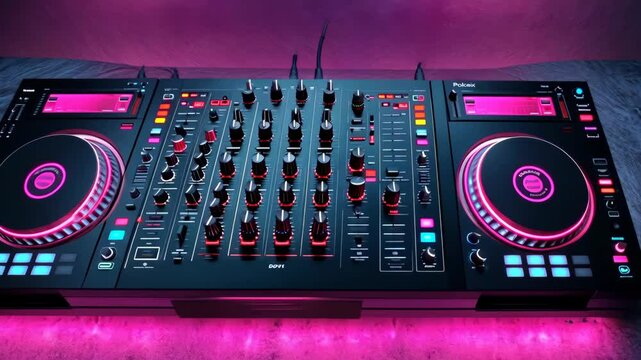 DJ mixer, controls adjusted on table; stage lighting background. Use music, night club, concert