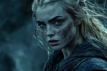 Fototapeta premium Portrait of a determined warrior with rugged features and striking eyes in a dark, dramatic landscape