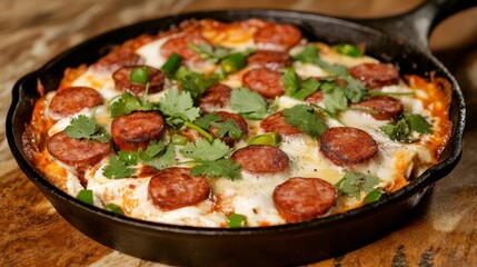 Delicious Algerian shakshuka with spicy merguez sausage served in a cast-iron skillet and garnished with fresh cilantro and chili peppers