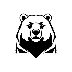 Geometric black and white bear head, representing strength, boldness and nature, with a focus on the stern expression.