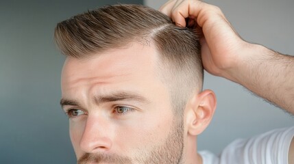 Obraz premium Regrowth treatment for hair loss Man adjusting his stylish haircut in a close-up portrait.