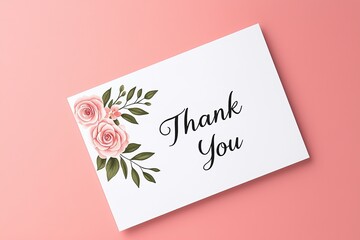 Elegant thank you card with pink roses and leaves on a pink background.