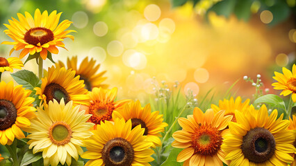 Obraz premium summer garden background, vibrant sunflowers and daisies in bright yellows and oranges, cheerful and lively with copy space 