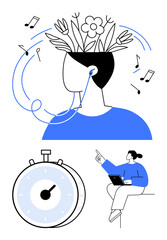 Head with flowers and music notes, timer for productivity, person on laptop pointing at ideas. Ideal for creativity, self-growth, focus, mindfulness, organization, personal development abstract line