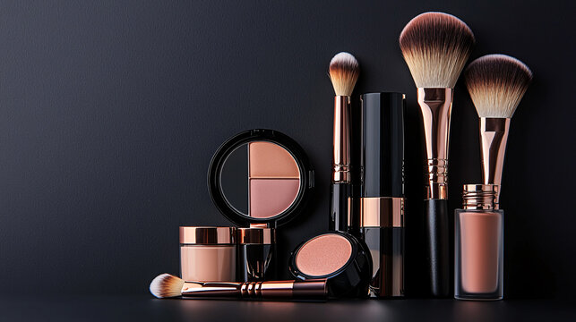 A sleek arrangement of makeup products and brushes against a dark background, showcasing elegance and beauty essentials.