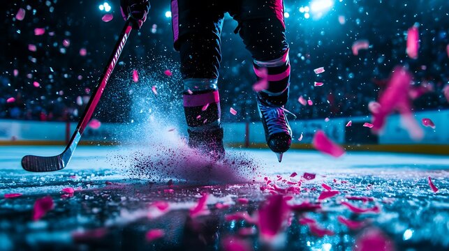 Hockey player skating through pink confetti at ice rink sports event dramatic atmosphere close-up view