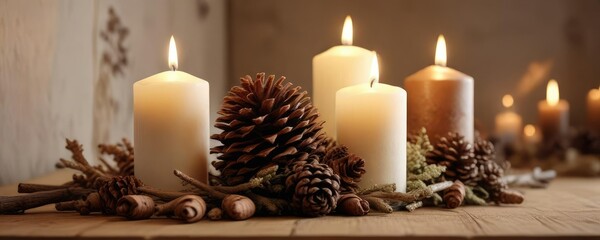 Cozy autumnal atmosphere with white candles and natural elements like pinecones and twigs in soft, warm light , twigs, atmosphere