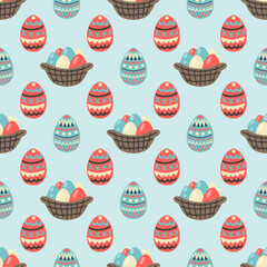 Easter eggs in basket. Seamless pattern vector.