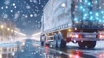 Semi Truck Driving on Snowy Road at Night