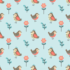 Spring birds and flowers. Seamless vector pattern