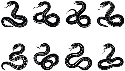 Snake Icon on Black and White Vector Backgrounds.  Snake icon set . 