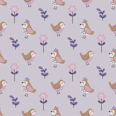 Spring birds and flowers. Seamless vector pattern