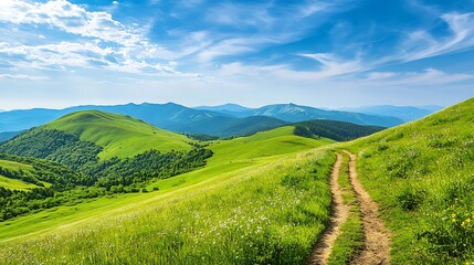 Fototapeta premium Scenic mountain path, green hills, summer day