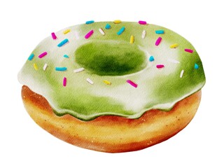 Colorful green iced donut with sprinkles on a white background for textile design
