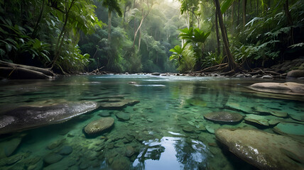 Naklejka premium waterfall in the jungle, waterfall in the forest, river flowing gently through the rainforest, clear water reflecting the trees, peaceful atmosphere