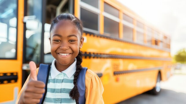 Happy Schoolgirl Giving Thumbs Up in Front of School Bus