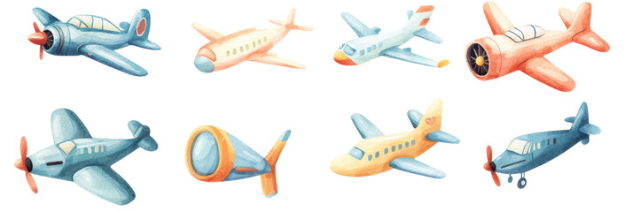 Watercolor airplanes in flight artistic collection studio environment aesthetic background creative concept