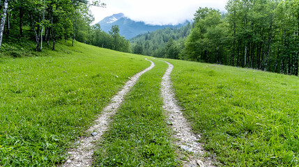 Obraz premium Winding path through grassy field, mountain backdrop, summer