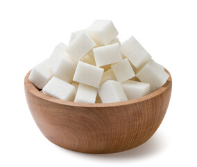 Heap of sugar cubes in wooden plate on a white background. Isolated