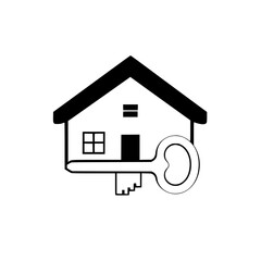 Black and White House Icon with a Key, Illustrating Real Estate, Homeownership, and Property, in minimalist style.