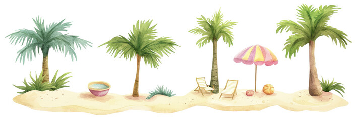 Obraz premium Watercolor beach scene with palm trees and umbrella tropical environment vibrant colors serene view translate background