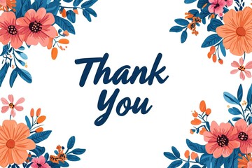 Obraz premium Floral thank you card with peach and blue flowers in corners.