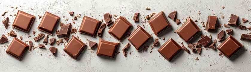 Chocolate squares and crumbs arranged on a surface.