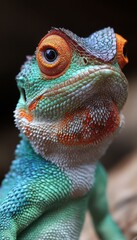 Fototapeta premium Vibrant reptile with striking orange and teal scales. Close-up revealing intricate skin texture and large, expressive eyes.