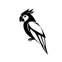 Silhouette of a parrot with a crest, black and white with a white background, minimalist style.