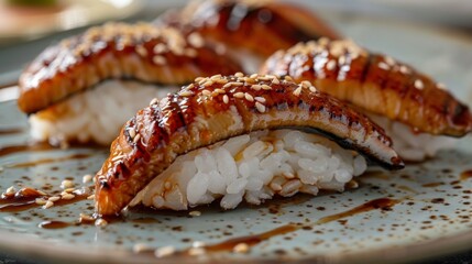 Savoring perfectly grilled unagi sushi, topped with sesame seeds, elegantly presented on a decorative plate in a cozy dining setting.