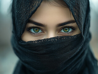Fototapeta premium Woman with striking green eyes wearing a black scarf