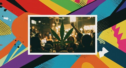 Vibrant Cannabis Celebration Illustration with Colorful Background, Showcasing Social Occasions and Nightlife with Marijuana Leaf Focus
