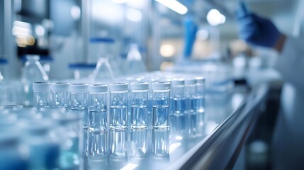 Test tubes arranged in a row with a biopharmaceutical trends magazine on a laboratory table