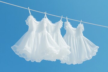 Delicate White Dresses Drying Under a Vibrant Blue Sky