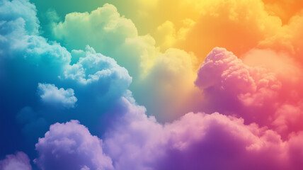 Glowing multi-colored cloud background pattern. Sunset or sunrise background. Rainbow clouds. Purple pink decorative horizontal banner. Digital artwork raster bitmap illustration.	