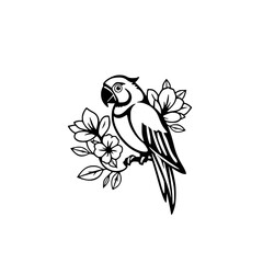 Parrot perched on branch amid flowers, delicate black line art.