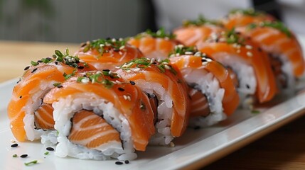 Delicious sushi rolls filled with rice and fish are beautifully arranged on a white plate, garnished with green herbs and black sesame seeds, ready to enjoy during a relaxing lunch.