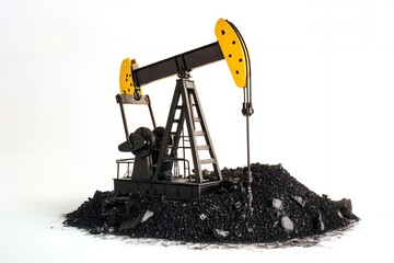 Oil pump jack model sits atop a pile of coal illustrating energy production and fossil fuels