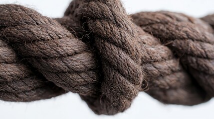 Close-up of knotted brown rope, texture detail, white background, for design use