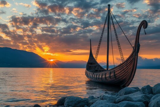Sunset over calm waters with a Viking ship anchored on rocky shores near mountains