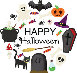 Spooky Halloween elements in circle form and with the inscription. Colorful Happy Halloween round banner 