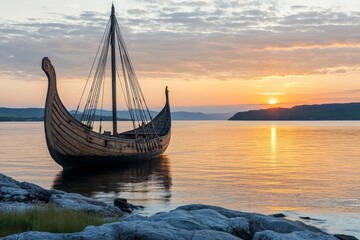 Sunset view of a traditional Viking ship on calm waters surrounded by scenic landscapes